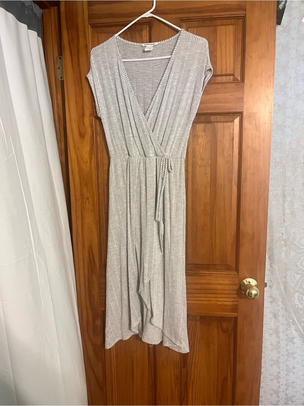 Caution To The Wind Light Gray Ribbed Midi Wrap Dress
